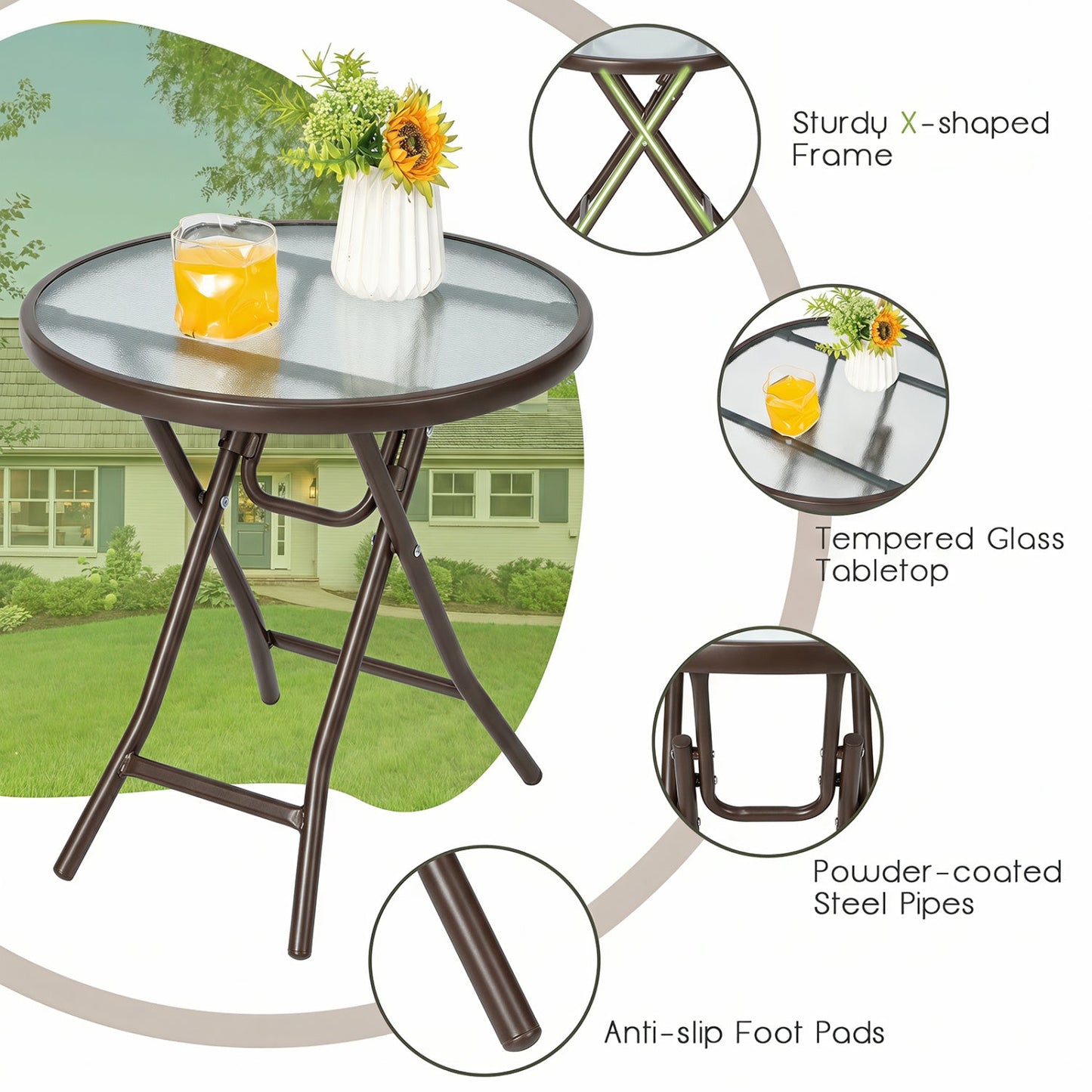 18 inch folding patio side table DirectDeals with tempered glass top and X-shaped frame on Tampa Home & Garden Store