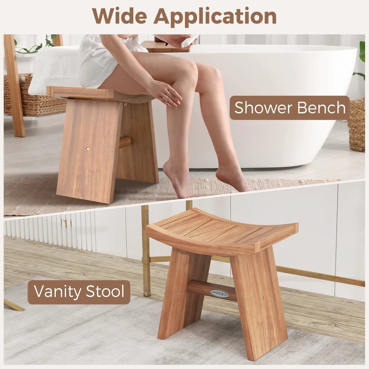 18-inch teak shower bench with curved seat by DirectDeals; bathroom setup with vanity stool on Tampa Home & Garden Store