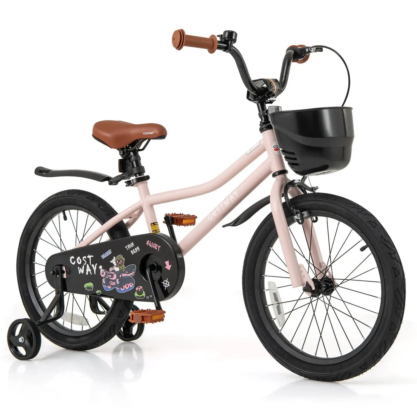 12-Inch kids bike with front basket and handlebar, pink frame, Costway saddle and brown grips, two training wheels on Tampa Home & Garden Store