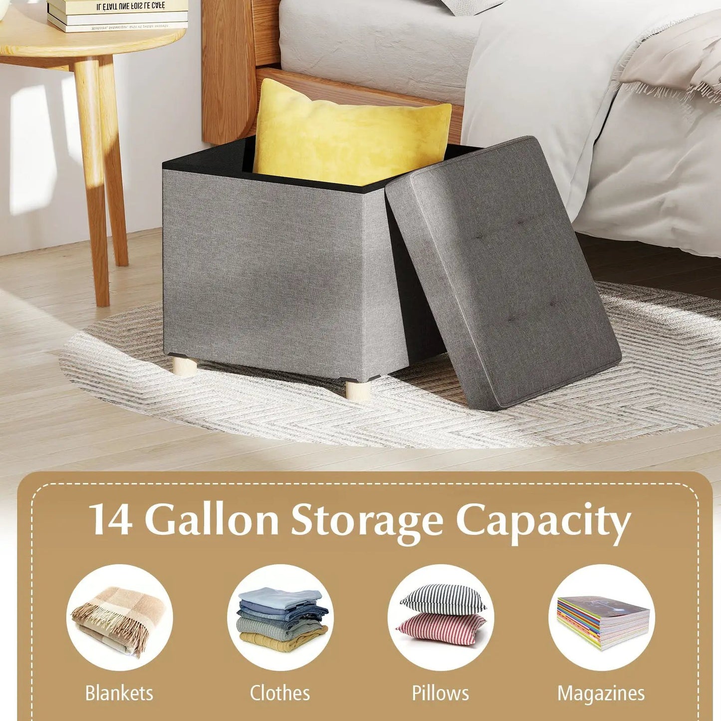 Gray 18-inch storage ottoman with rubber wood legs; lid removed, interior storage visible on Tampa Home & Garden Store