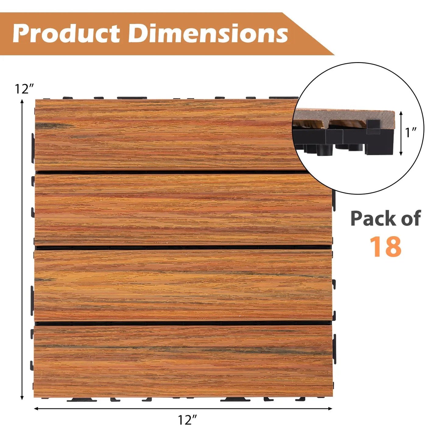 18 Pieces 12 x 12 Inch Interlocking Deck Tiles for 1.7„é° Total Splicing Area-Brown - Tampa Home & Garden Store