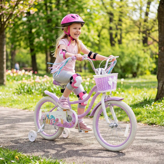 18 Inch Kids Bike with purple basket and pastel pink streamers on Tampa Home & Garden Store
