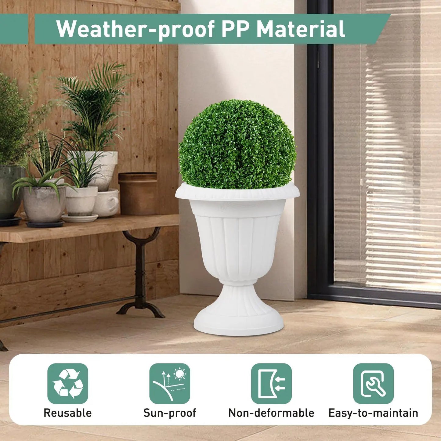 18 Inch Tall Vintage Planters Set of 2 on white pedestal bases with lush green faux topiary on Tampa Home & Garden Store