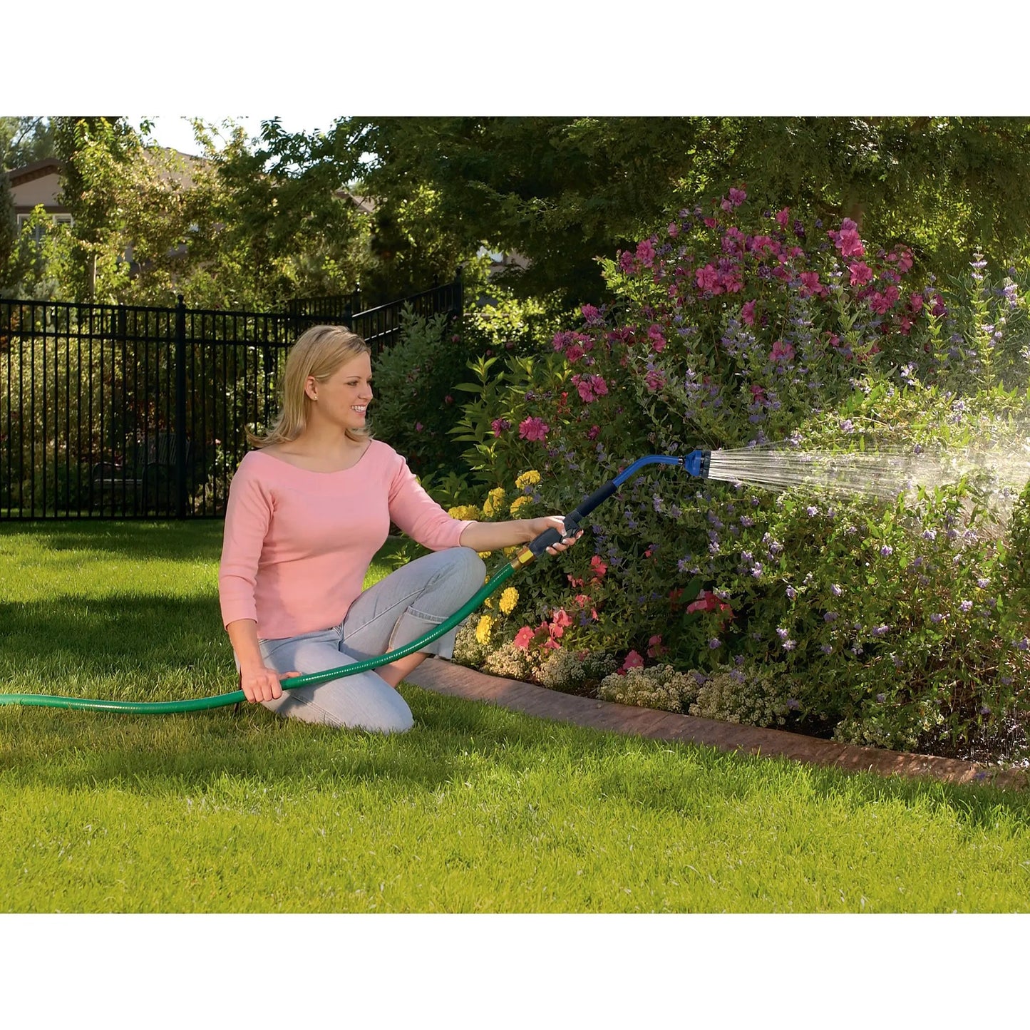 Orbit Irrigation 18-inch garden hose wand with 9 spray patterns, front trigger, blue handle on Tampa Home & Garden Store