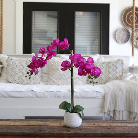 Silk artificial purple orchid in a white ribbed ceramic vase by Nearly Natural, 19 in tall on Tampa Home & Garden Store