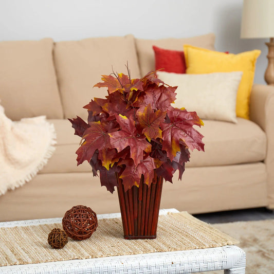 Autumn Maple Leaf Artificial Plant in Planter with red orange yellow leaves in a tall brown vase on Tampa Home & Garden Store