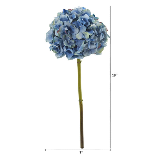 Hydrangea artificial flowers set of six, blue blooms on green stems 19 inches tall on Tampa Home & Garden Store