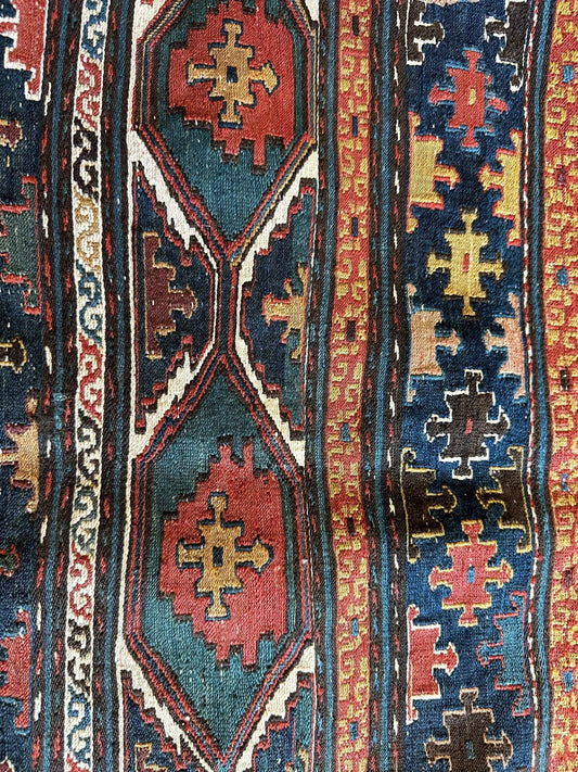 Antique Shahsavan Caucasian cradleface rug 18x16, handwoven wool with red teal borders on Tampa Home & Garden Store