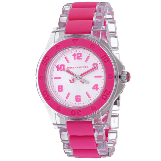 Juicy Couture HRH quartz movement watch with pink bezel, white dial and pink link band on Tampa Home & Garden Store