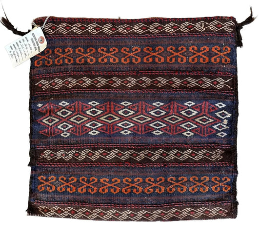 Antique Persian Qashqayi Bag Face rug 16x17 in with blue geometric motifs Rugistan on Tampa Home & Garden Store
