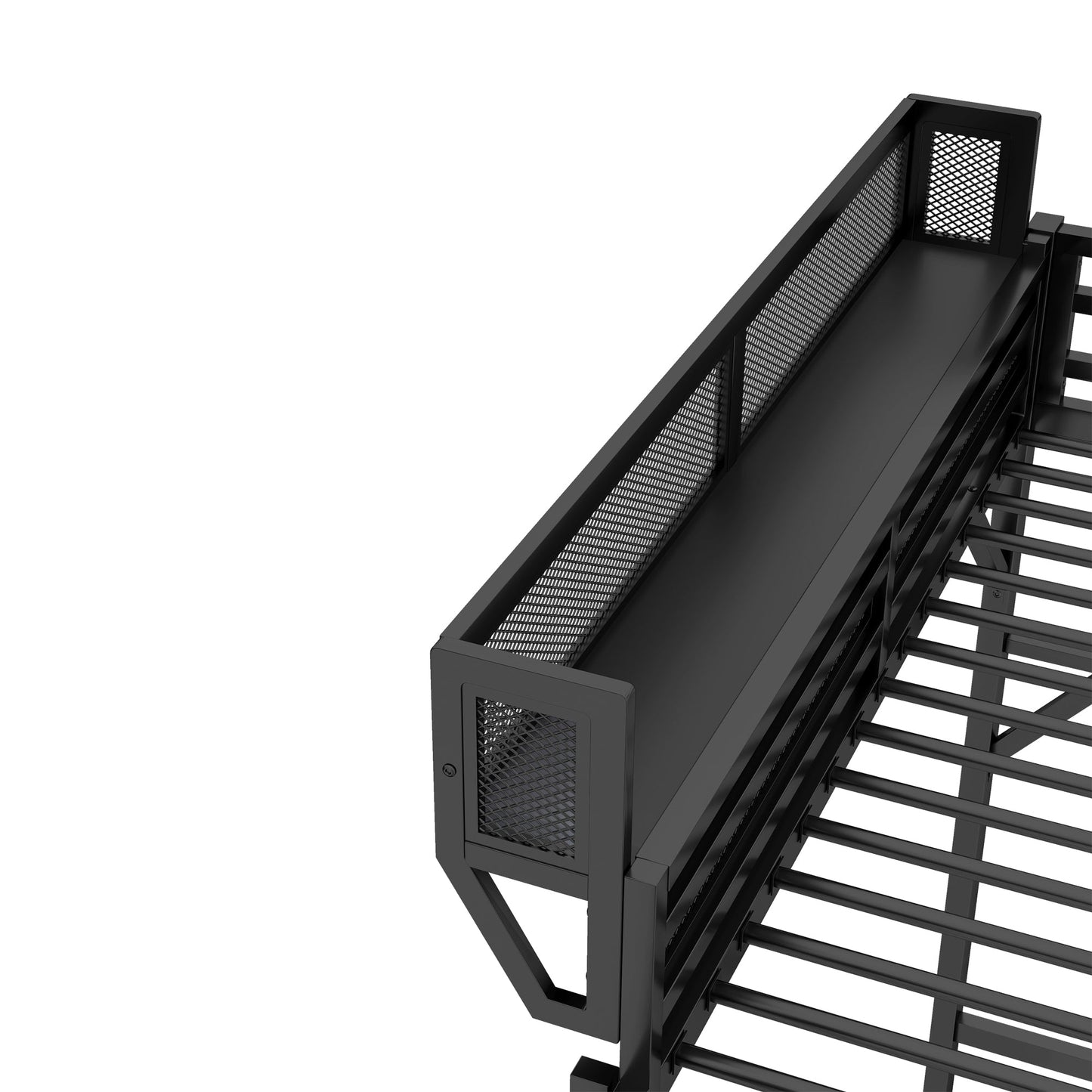 Full size loft bed frame in black metal with built-in ladder and storage shelves on Tampa Home & Garden Store
