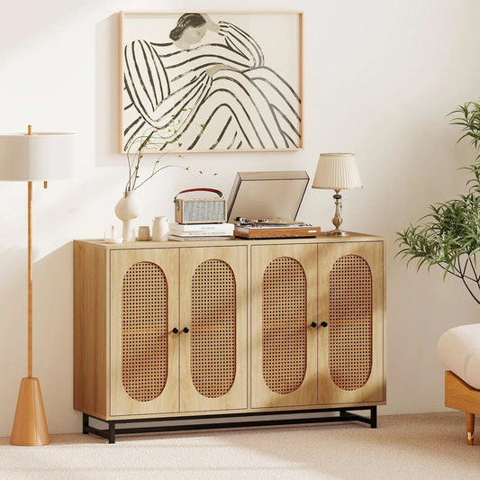 50-Inch 4-door buffet sideboard cabinet with natural wood and rattan caned doors DirectDeals on Tampa Home & Garden Store