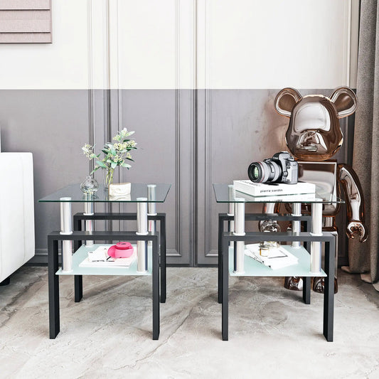 Set of 2 tempered glass coffee tables with black metal frames and chrome posts on Tampa Home & Garden Store