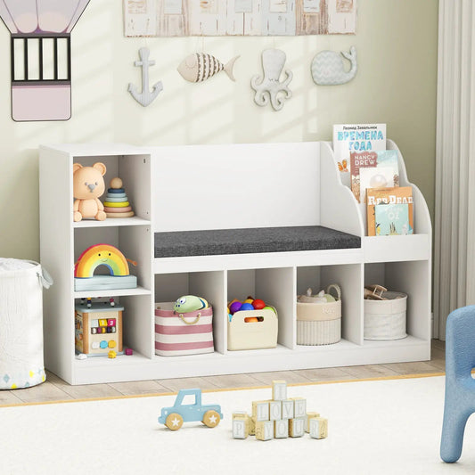 Kids Bookcase with Reading Nook 3-in-1 organizer, white with cubby shelves and magazine rack on Tampa Home & Garden Store