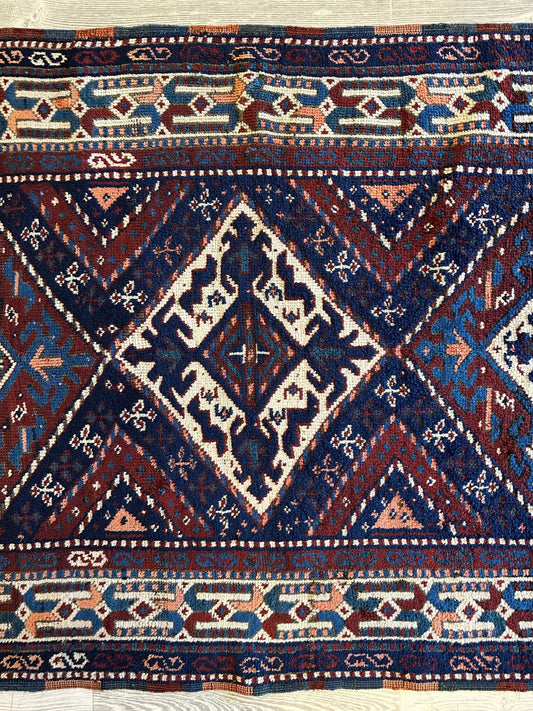 Antique Kurdish Rug 1920s handmade 4x3 with navy blue, burgundy and ivory geometric motifs on Tampa Home & Garden Store
