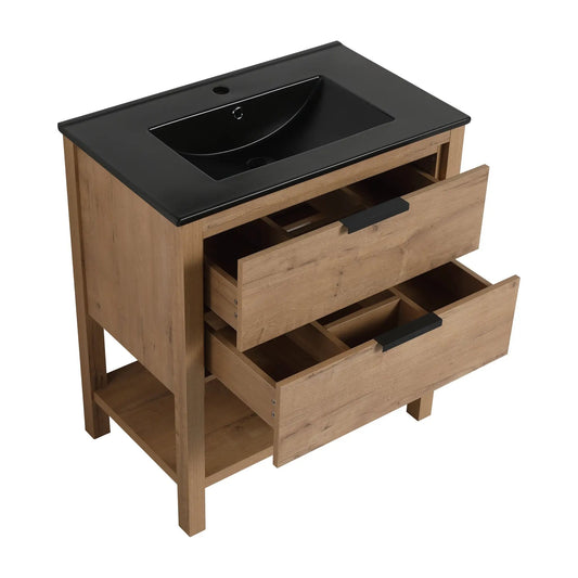 30 inch plywood bathroom vanity with black countertop and 2 drawers in natural wood finish on Tampa Home & Garden Store