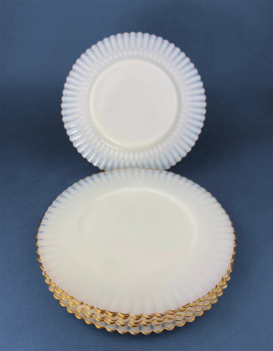 Monax Petalware Opalescent Glass Dinner Plates pair with ridged petal edges and gold trim on Tampa Home & Garden Store