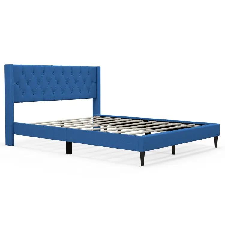 Blue velvet wingback bed frame with tufted headboard and slats DirectDeals Modern Glam on Tampa Home & Garden Store