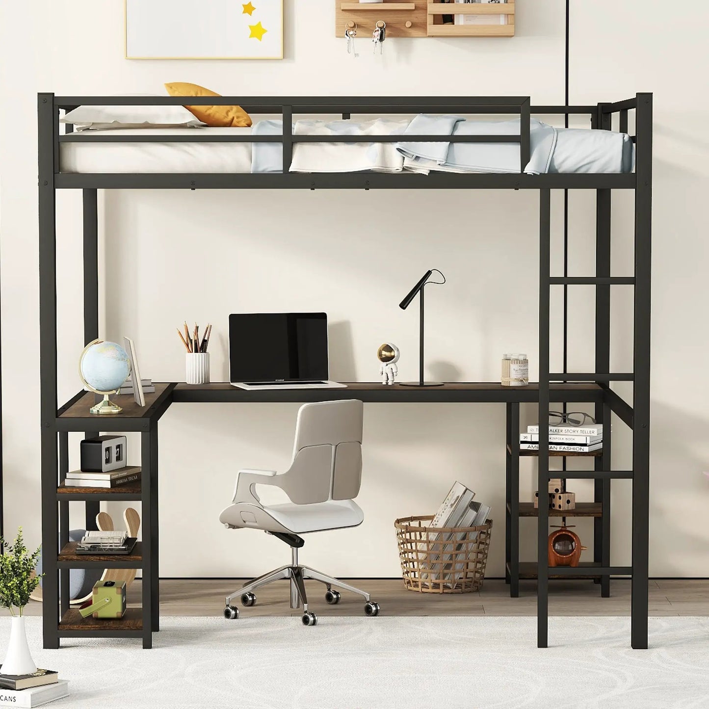 Cama alta de metal con escritorio y estante, cama alta con escalera y barandilla, negra con escritorio de madera retro