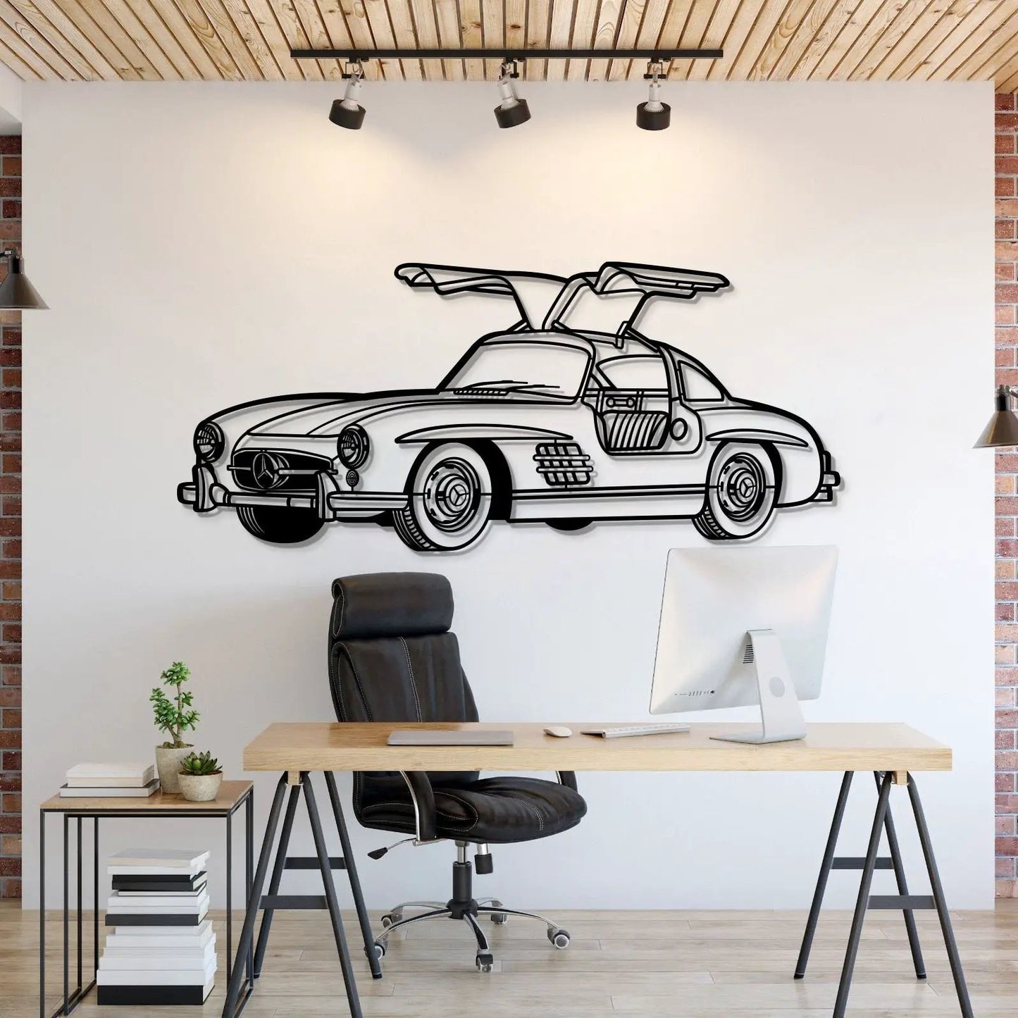1955 300SL Perspective Metal Car Wall Art by Modello Turbo, black line-drawing metal artwork on Tampa Home & Garden Store