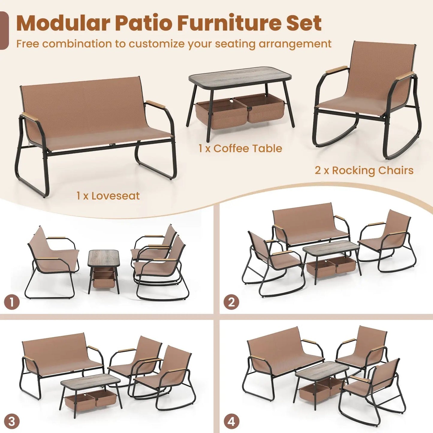 Four Piece Patio Set with Rocking Chairs tan 1 loveseat, 2 rocking chairs, 1 coffee table on Tampa Home & Garden Store