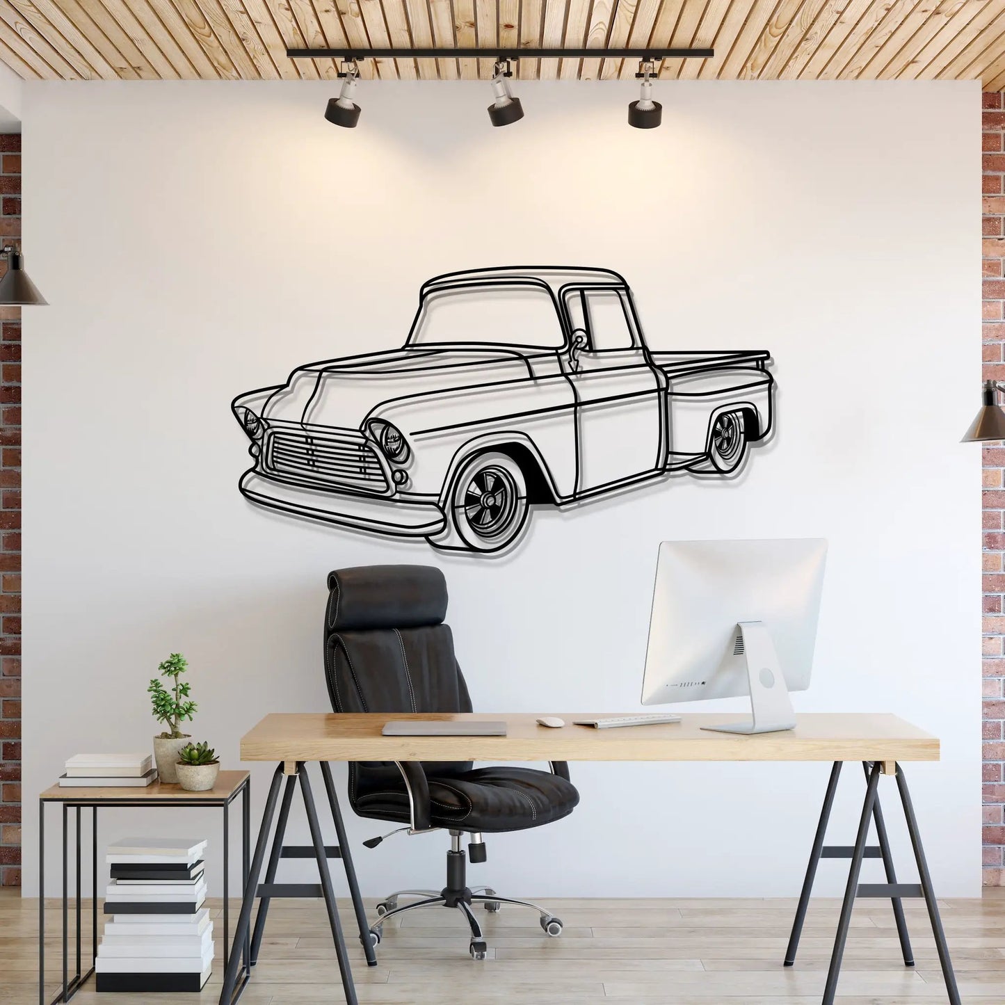 1956 Apache 3100 Big Window Metal Car Wall Art, black line drawing of pickup on white wall on Tampa Home & Garden Store