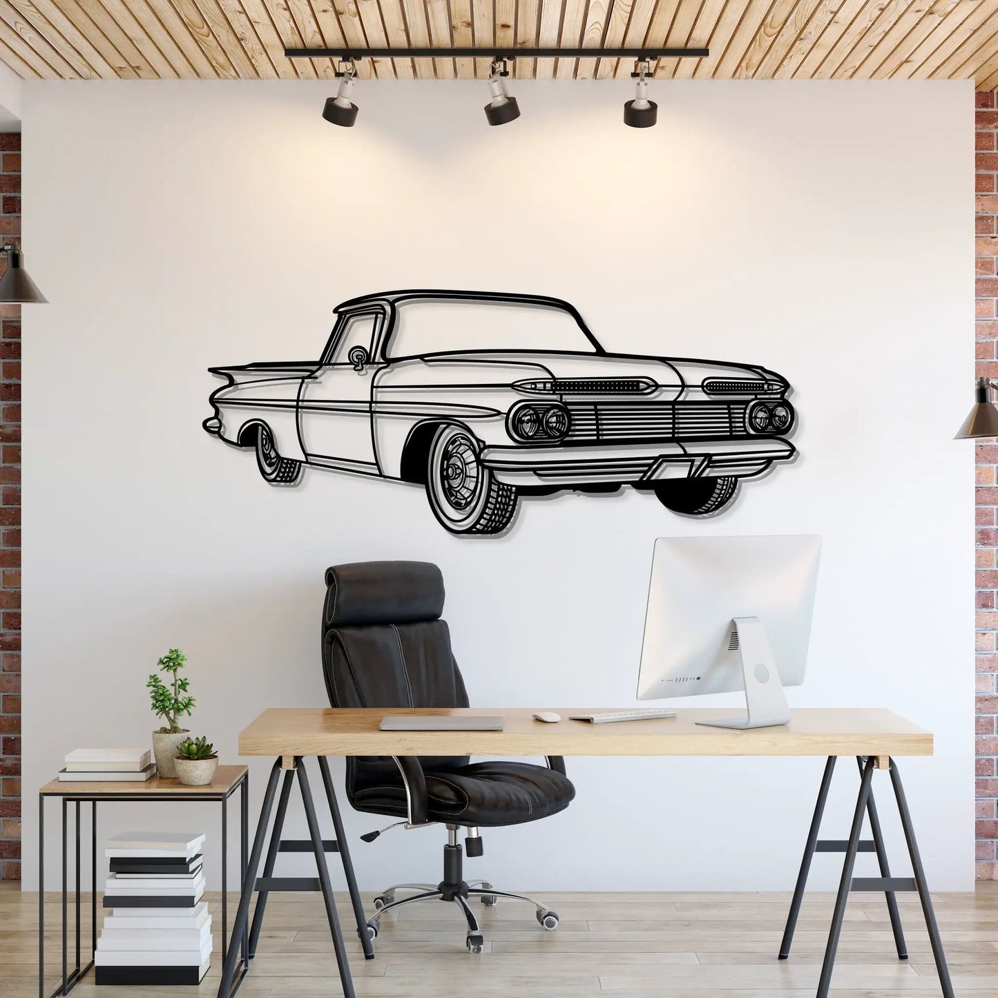 1959 El Camino metal wall art featuring a black line drawing of a perspective vintage car on Tampa Home & Garden Store