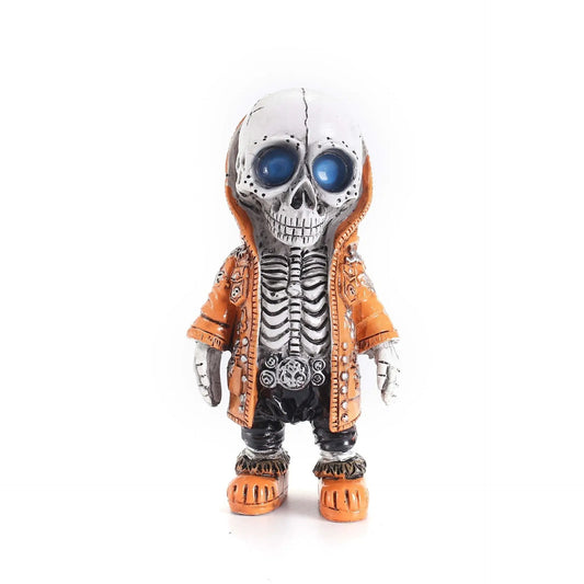 Skeleton doll resin Halloween decoration with orange jacket and blue eyes on Tampa Home & Garden Store