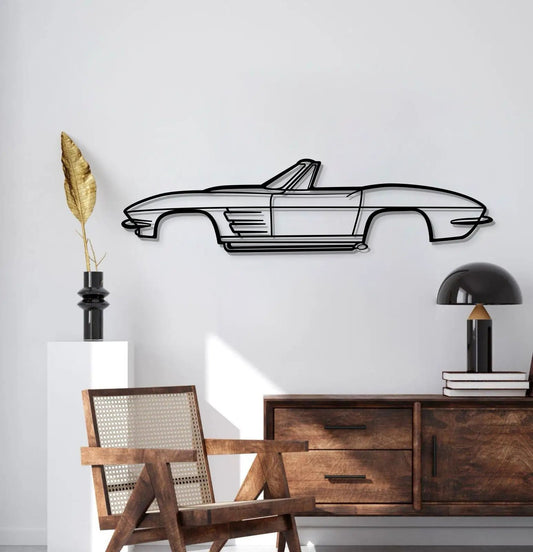 1964 Corvette Convertible metal wall art, black line drawing on white wall on Tampa Home & Garden Store