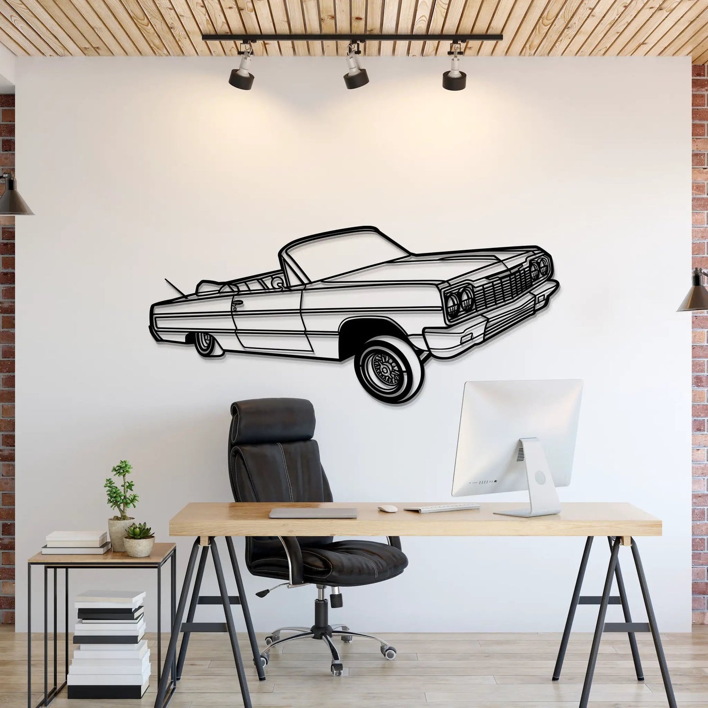 1964 Impala Convertible Lowrider metal wall art, black line drawing on white panel on Tampa Home & Garden Store