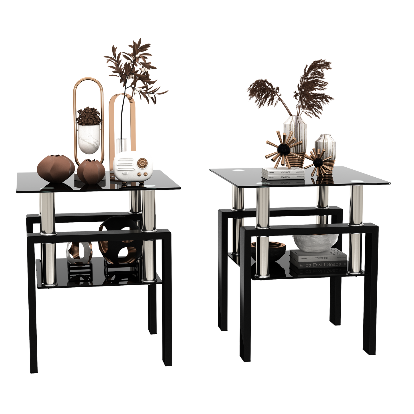 Set of 2 Modern Tempered Glass Tables Black