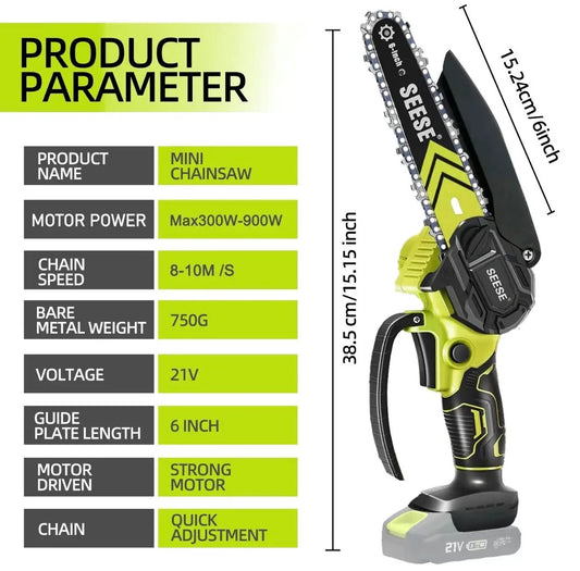BrushLite Mini Chainsaw for Pruning and Cutting lime green cordless SEES 6-inch bar 21V on Tampa Home & Garden Store
