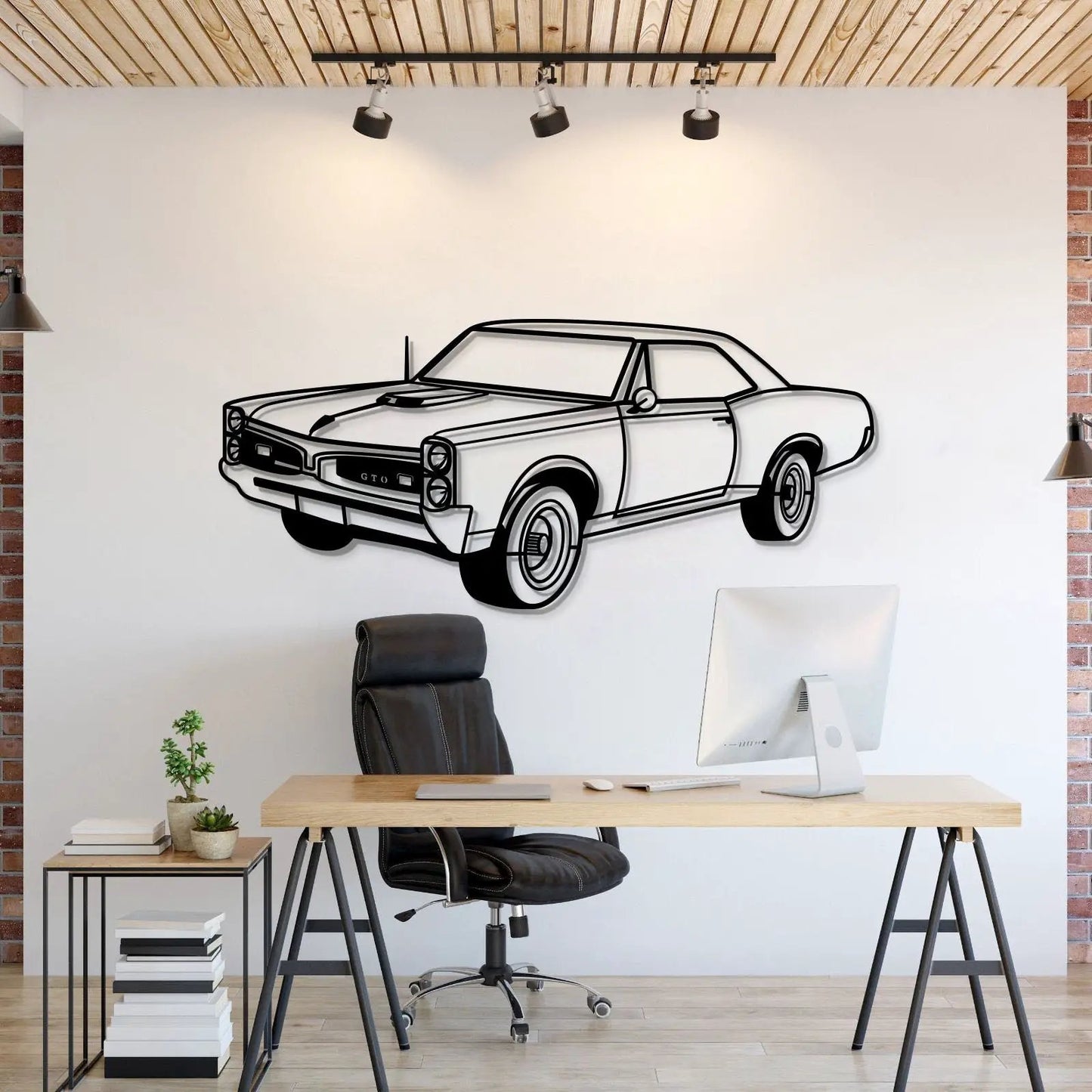 1967 GTO Perspective Metal Car Wall Art by Modello Turbo, black line art wall decor on Tampa Home & Garden Store