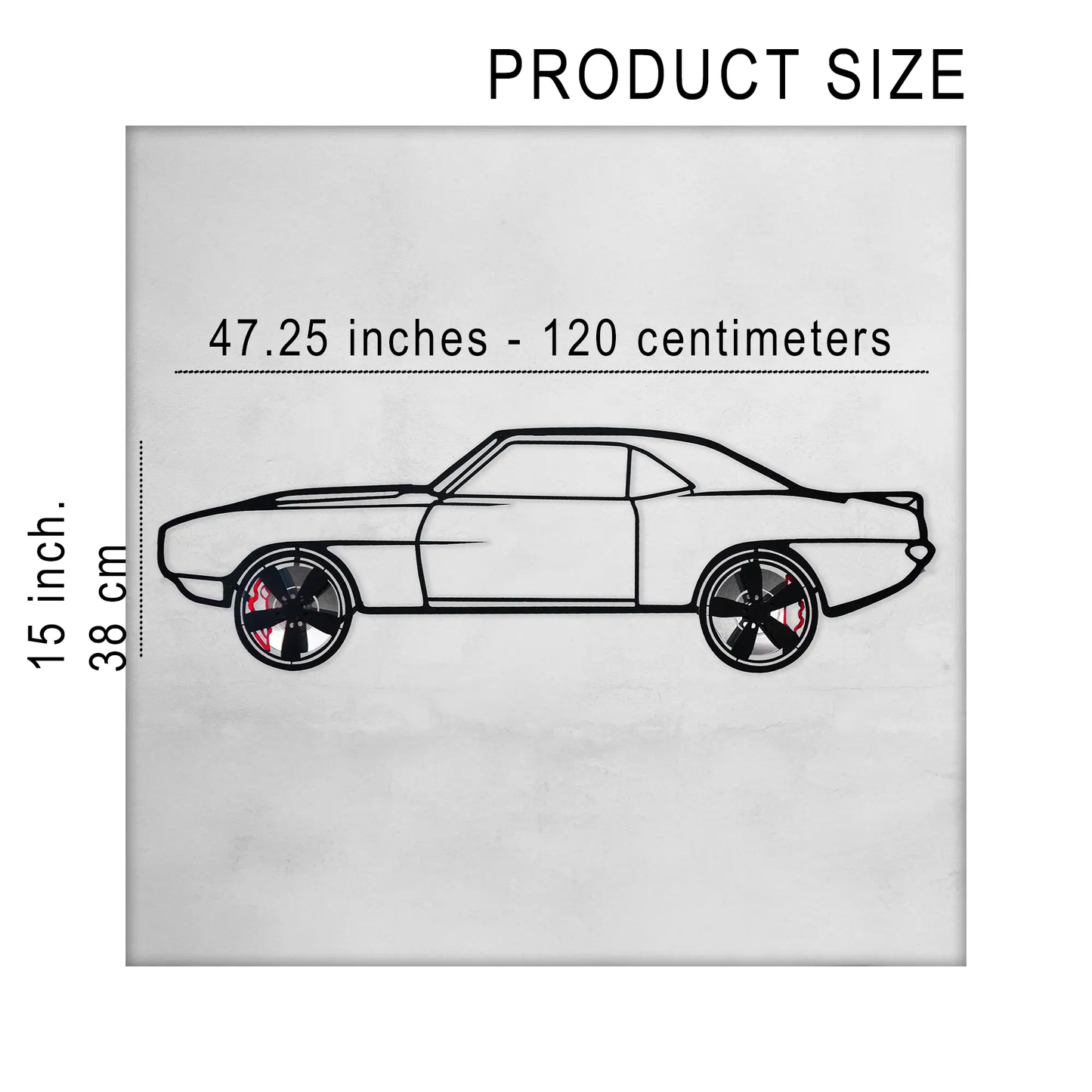 Chevrolet Camaro steel silhouette metal wall art side profile with black outline and red wheels on Tampa Home & Garden Store