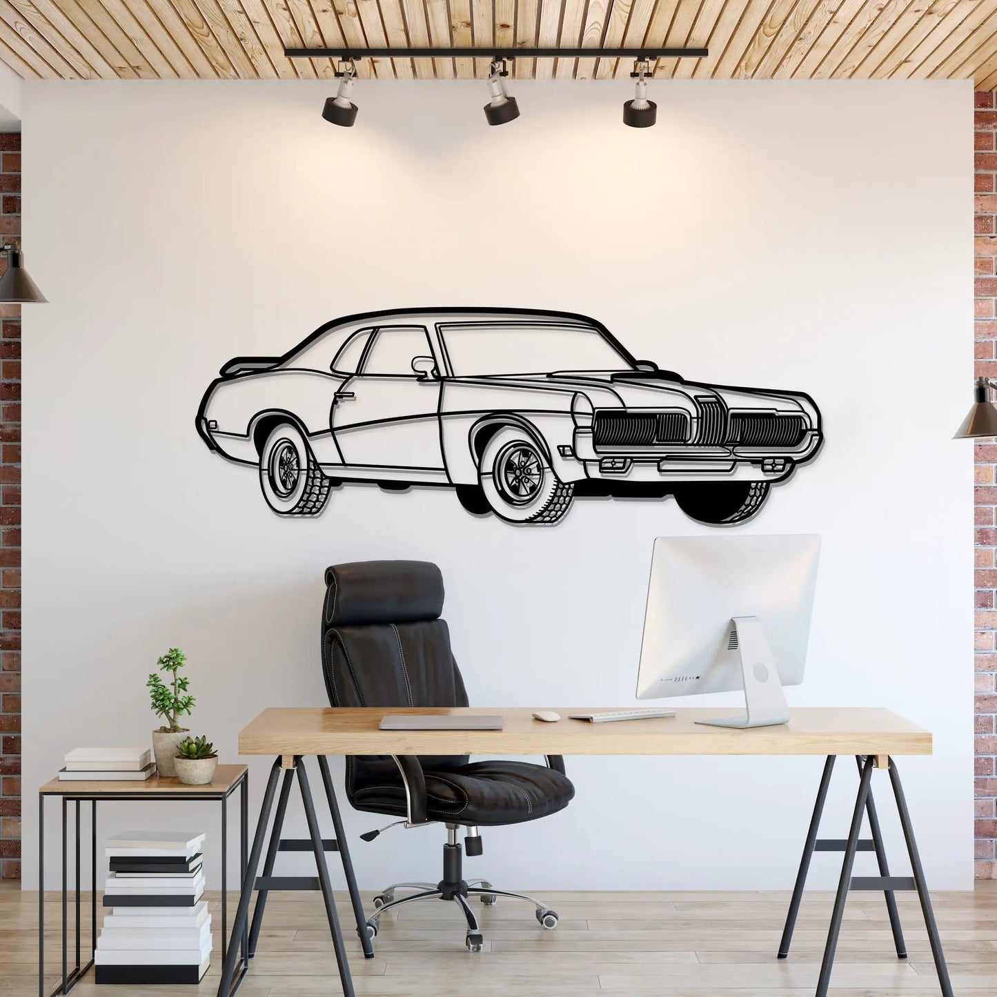 1970 Cougar Perspective Metal Car Wall Art by Modello Turbo; black line car silhouette on Tampa Home & Garden Store