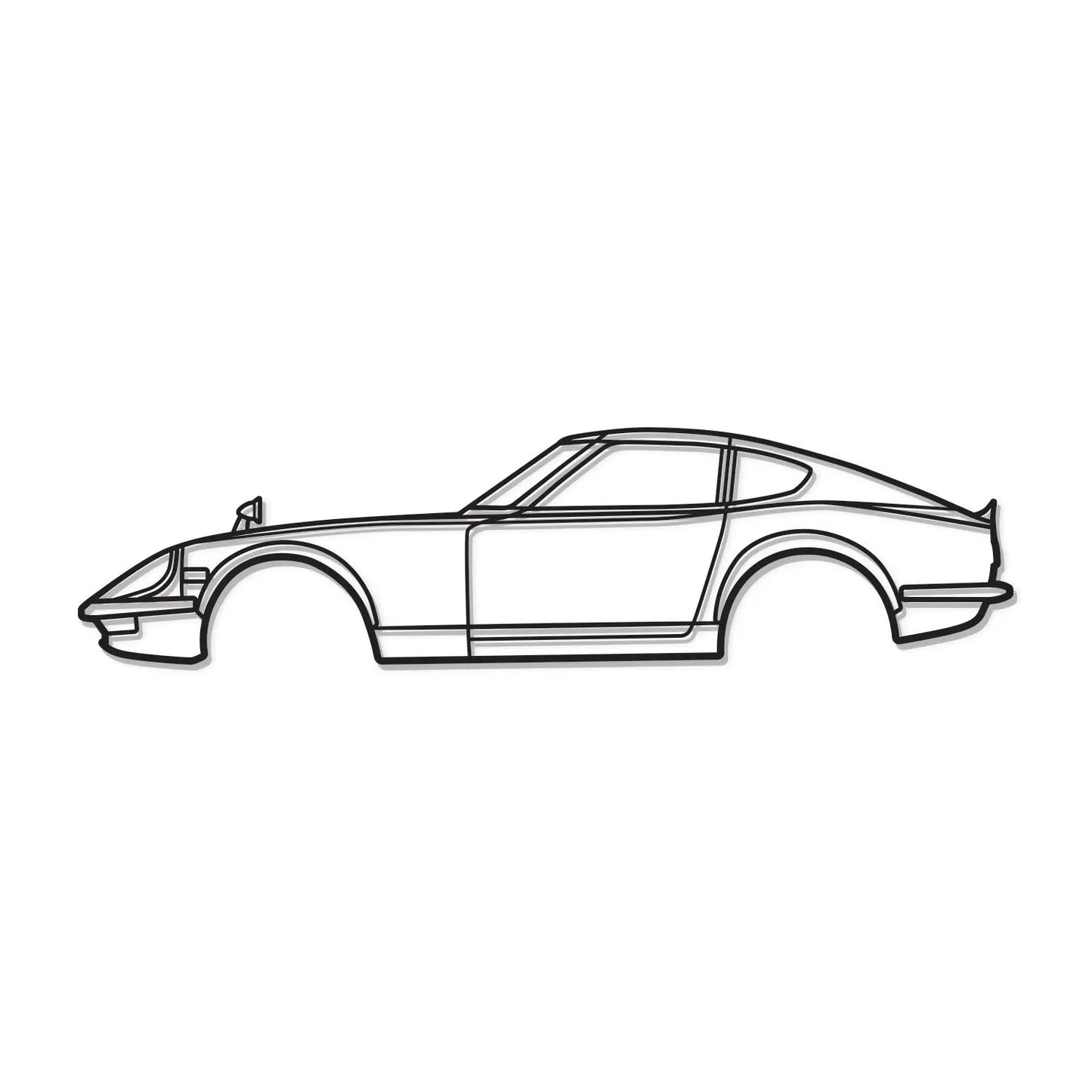 Metal wall art of a 1971 Fairlady 240ZG coupe in black line art by Modello Turbo on Tampa Home & Garden Store