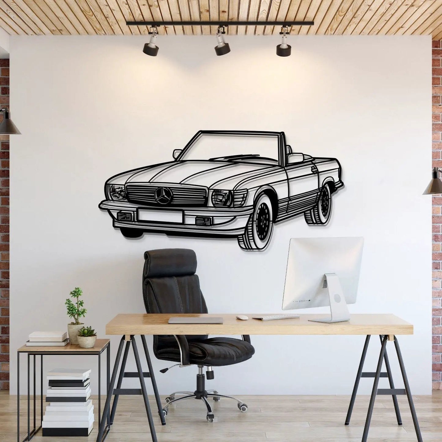 1976 W107 Convertible Metal Wall Art by Modello Turbo, black line Mercedes convertible wall decor on Tampa Home & Garden Store