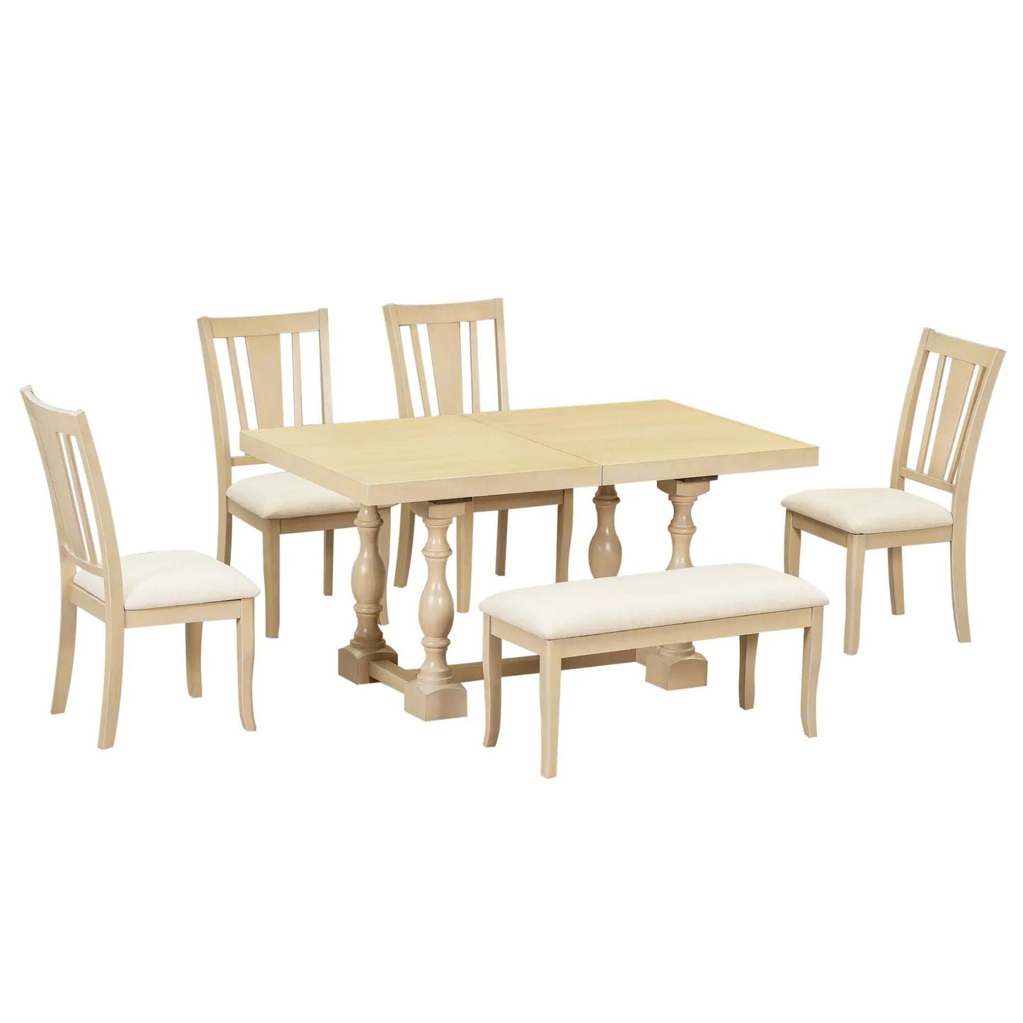Juego de comedor tradicional extensible de caballete de 6 piezas y 78 pulgadas con una hoja extraíble de 18 pulgadas, sillas de comedor acolchadas y banco, natural