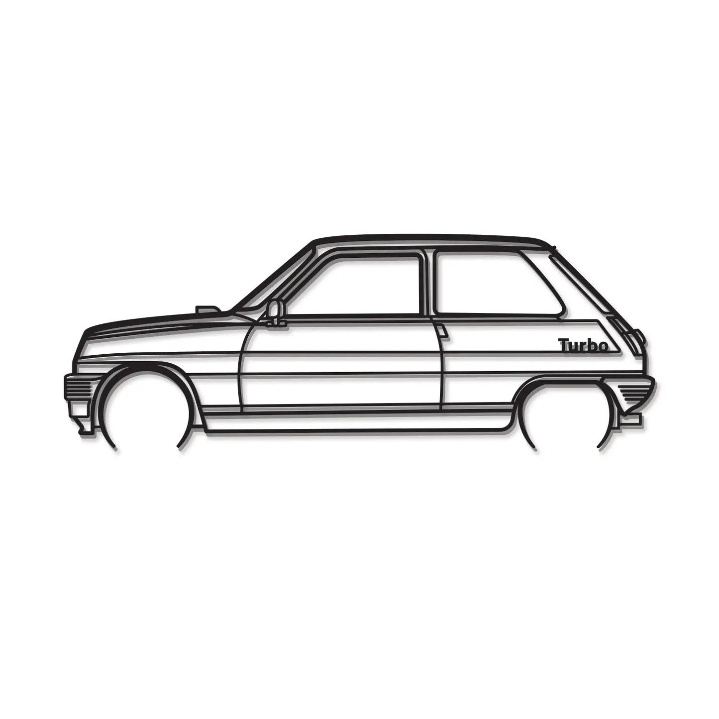 1983 Alpine Turbo metal wall art, black line drawing of a side view car with Turbo text on rear on Tampa Home & Garden Store