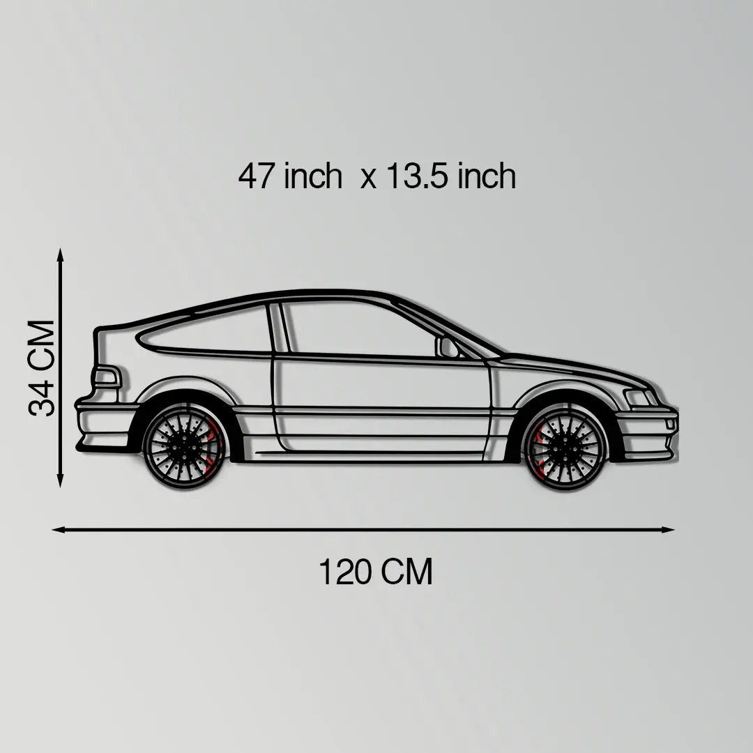 Honda CRX metal wall art with rotating wheels, black line art, 120 cm x 34 cm on Tampa Home & Garden Store