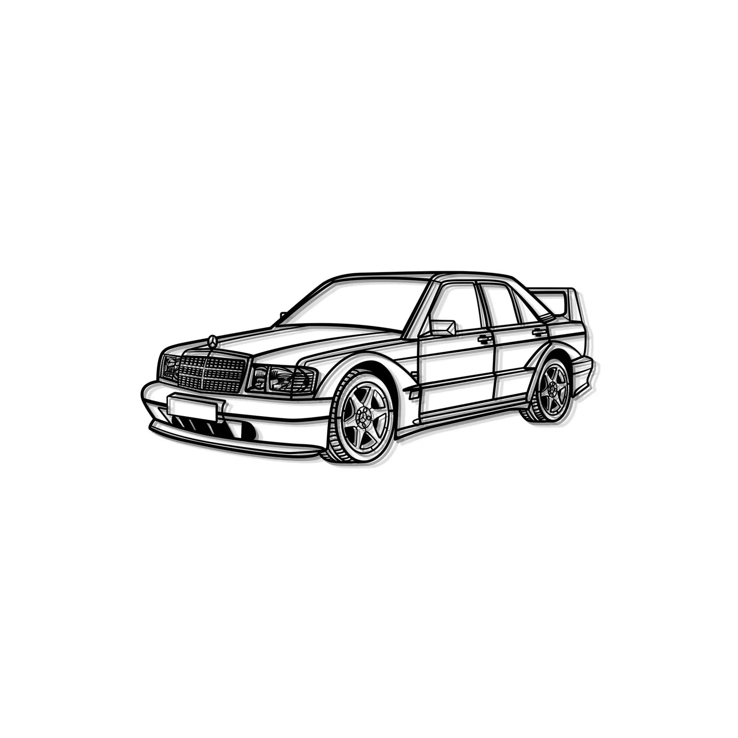 Metal wall art of a 1990 190E 2.5-16 Evo in black line art by Modello Turbo on Tampa Home & Garden Store