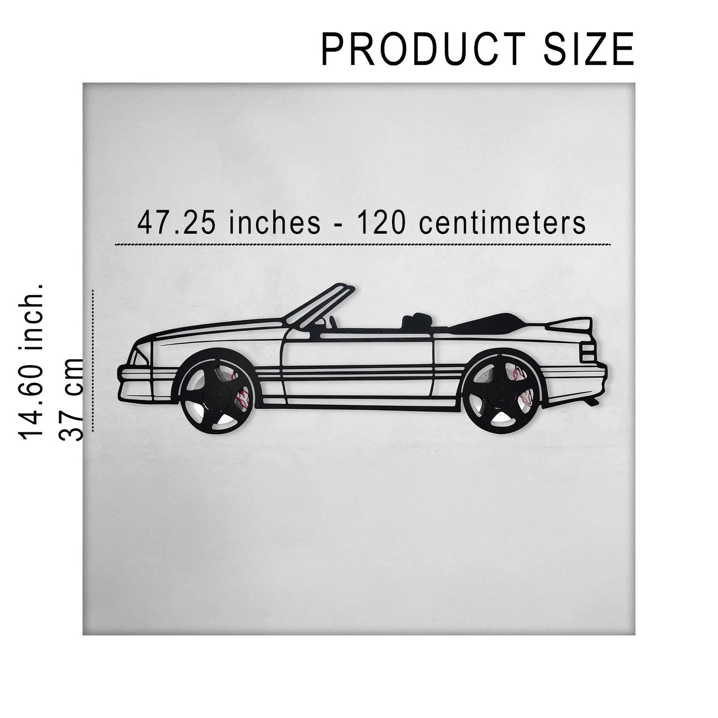 Mustang GT Convertible metal wall art in black line art with spinning wheels on Tampa Home & Garden Store
