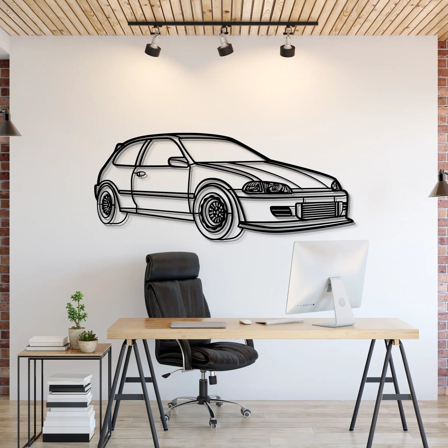 Metal wall art featuring a 1993 Civic HB drag car in black line drawing on white backdrop on Tampa Home & Garden Store