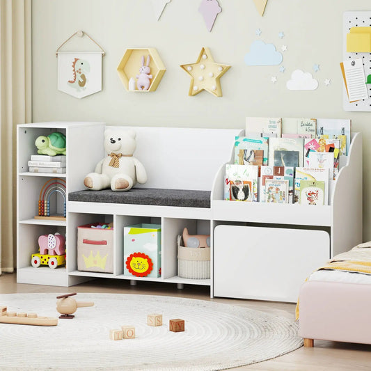 Kids Bookcase with Reading Nook Organizer white bench seating and cubby storage for books on Tampa Home & Garden Store