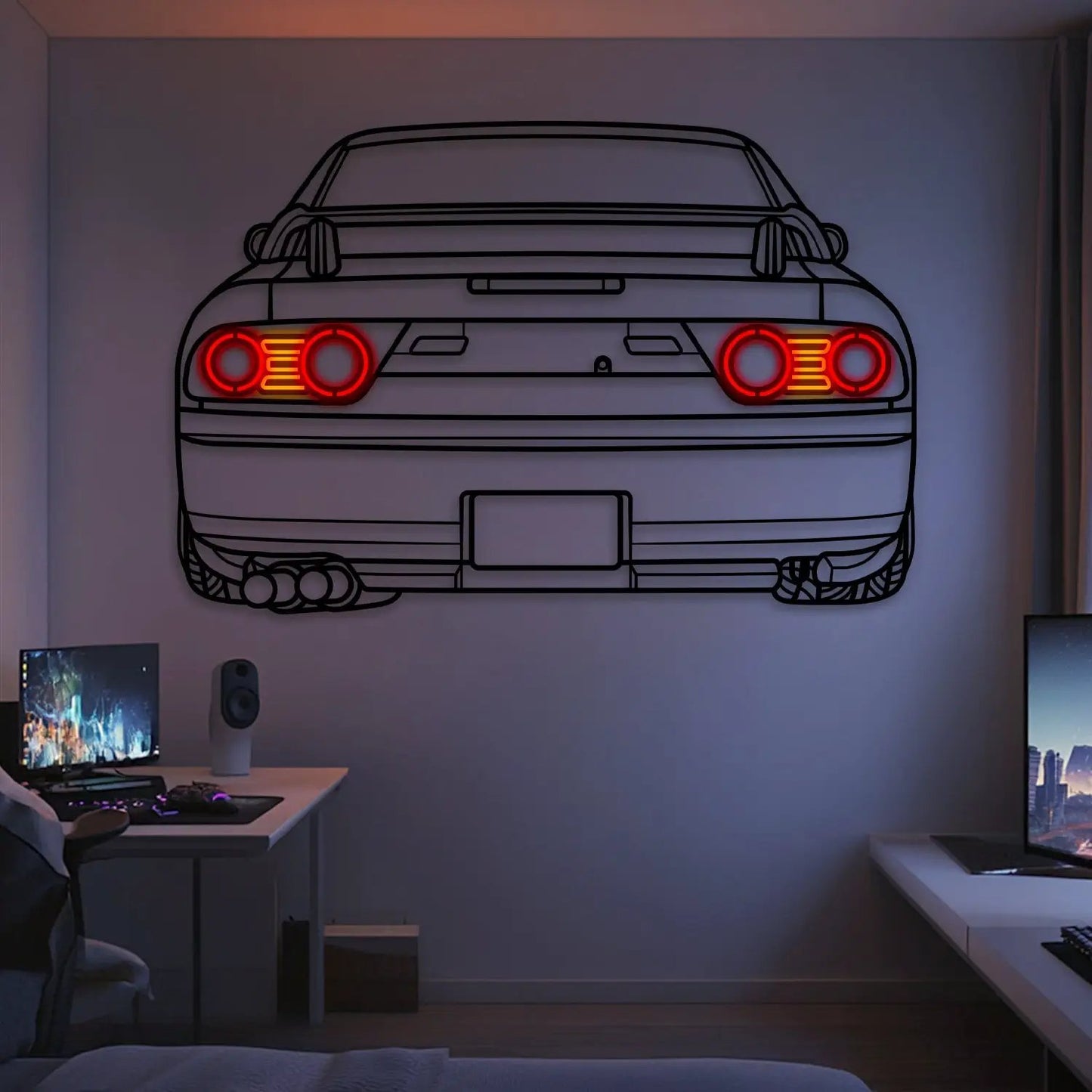 1997 180SX Back View Metal Neon Car Wall Art by Modello Turbo, red neon taillights on Tampa Home & Garden Store