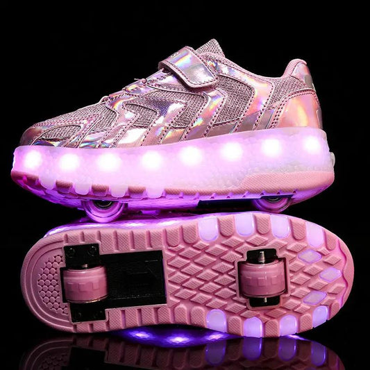Kids pink iridescent LED light-up roller sneakers with wheels and Velcro strap on Tampa Home & Garden Store