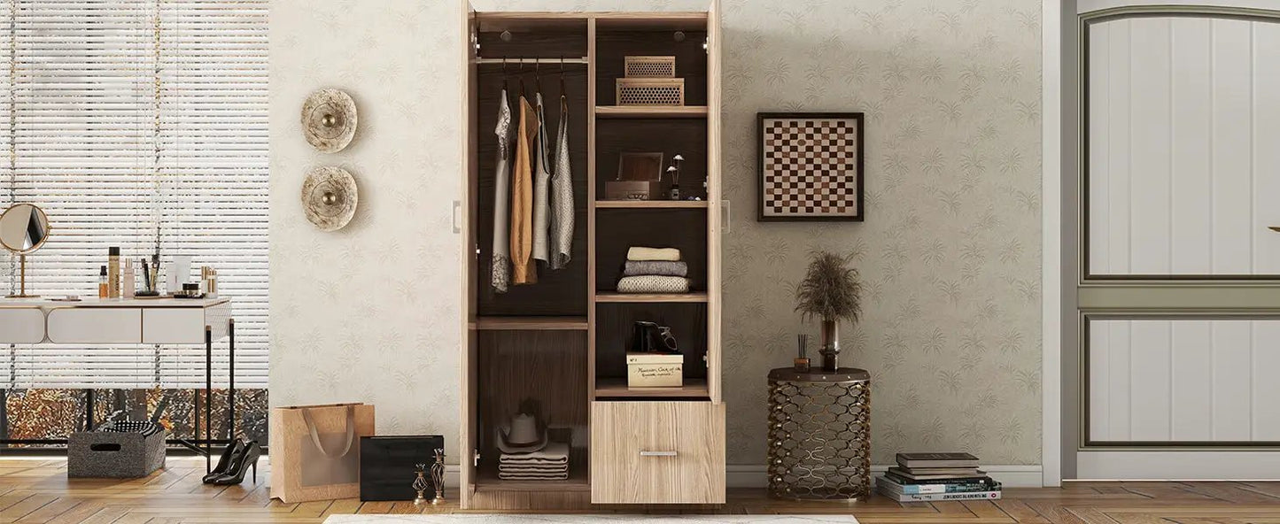 Natural wood wardrobe with doors and drawer, hanging clothes and shelves, VIP Digital Presence on Tampa Home & Garden Store
