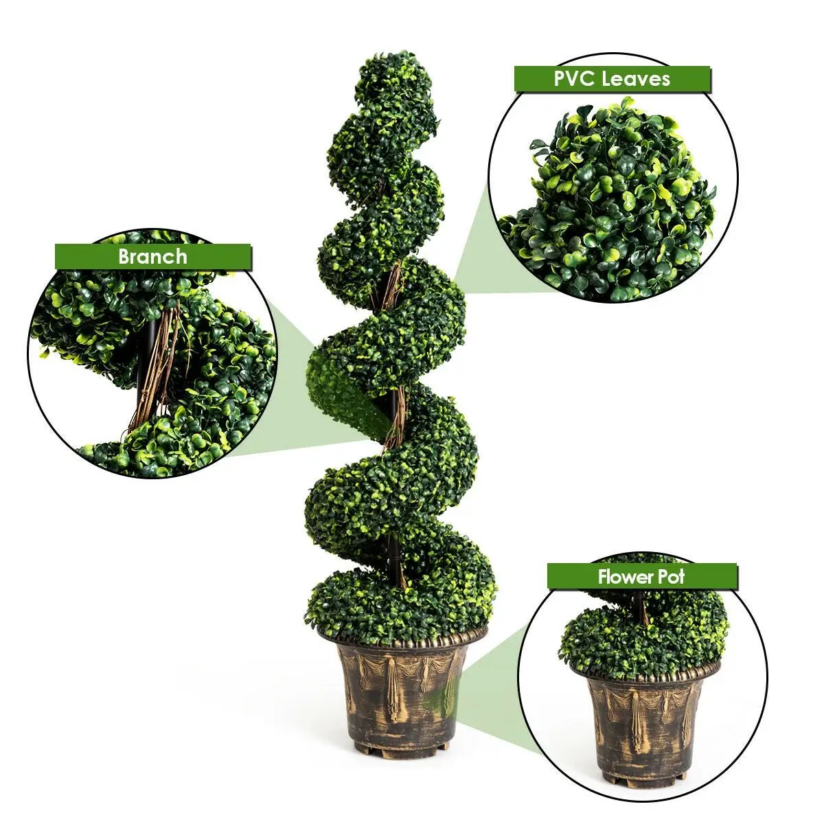 Artificial Boxwood Spiral Tree Set 2 Pieces in decorative pots, green PVC leaves, DirectDeals on Tampa Home & Garden Store