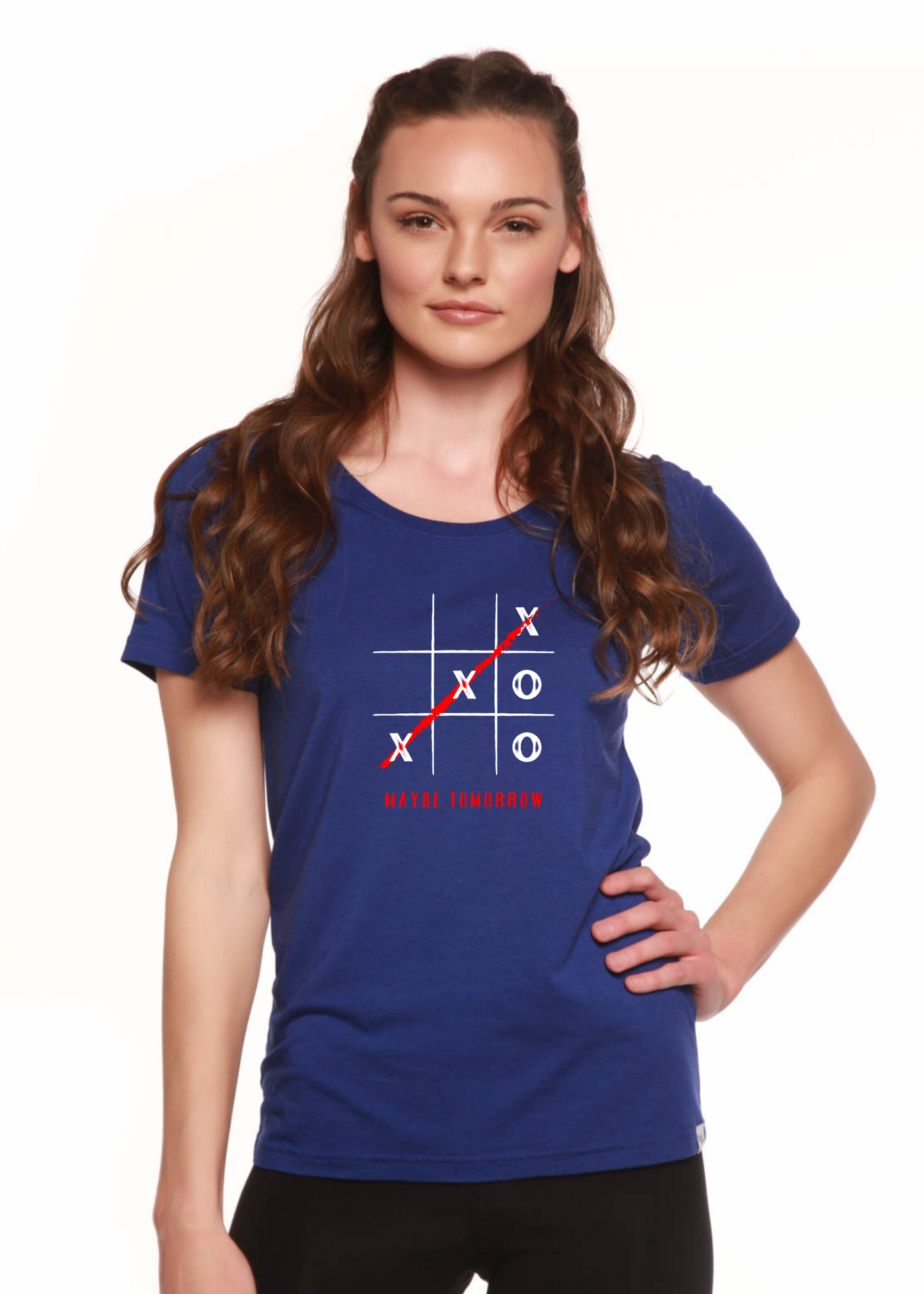Maybe Tomorrow women's bamboo graphic t-shirt with tic-tac-toe grid and red XOXO Spun Bamboo on Tampa Home & Garden Store