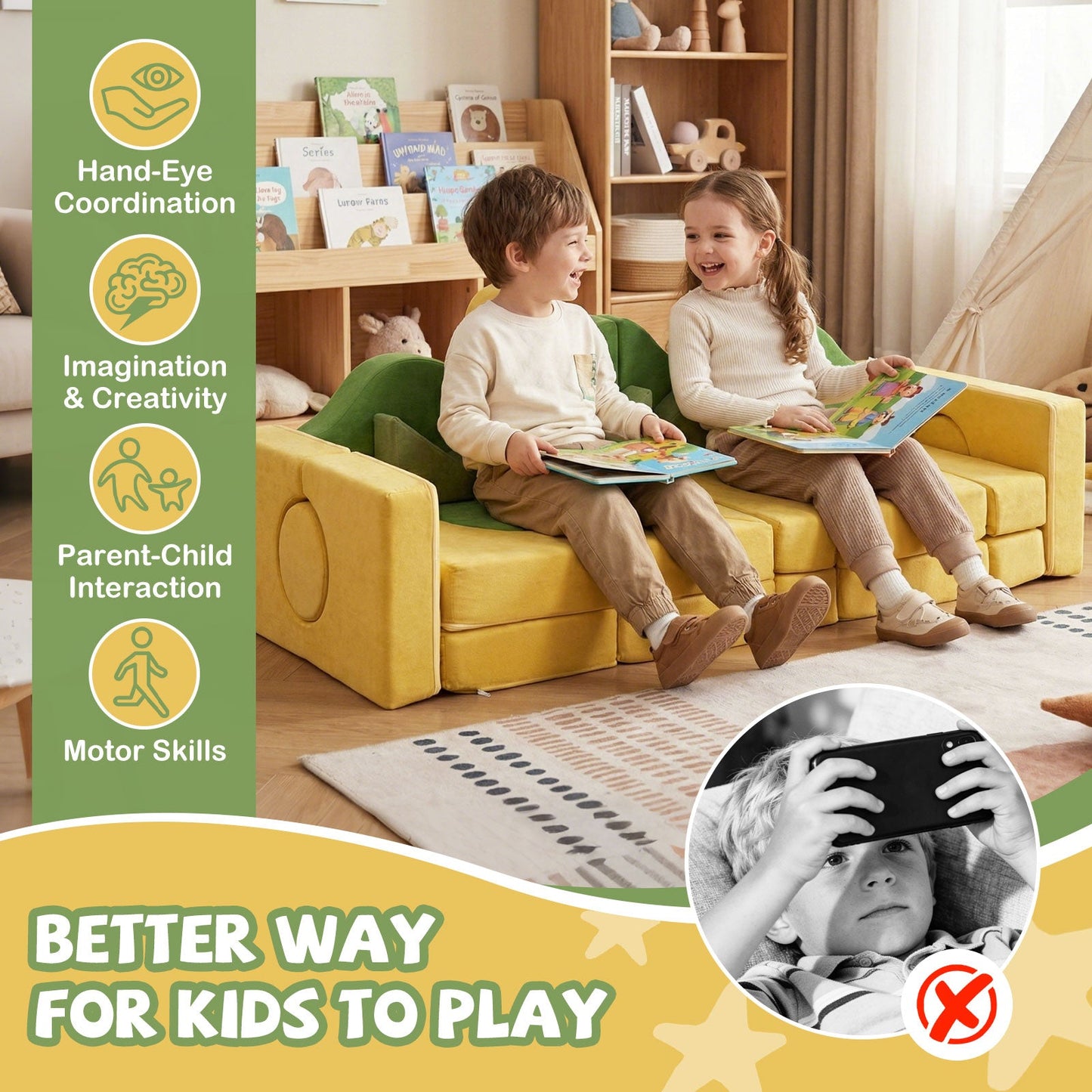 Modular Kids Play Couch with yellow seats and green back cushions for creativity on Tampa Home & Garden Store